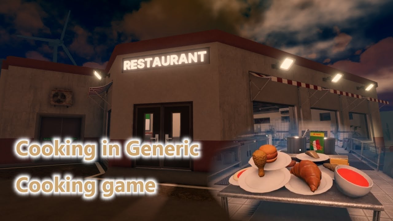 Desert restaurant exterior in Generic Cooking Game at dusk with plated dishes in front